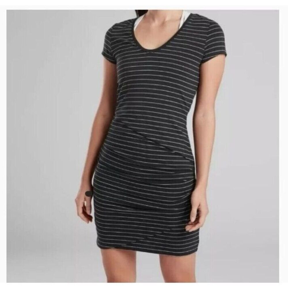 Athleta Black Central Stripe Dress Ruched Side Stretch Travel Size Small 405490